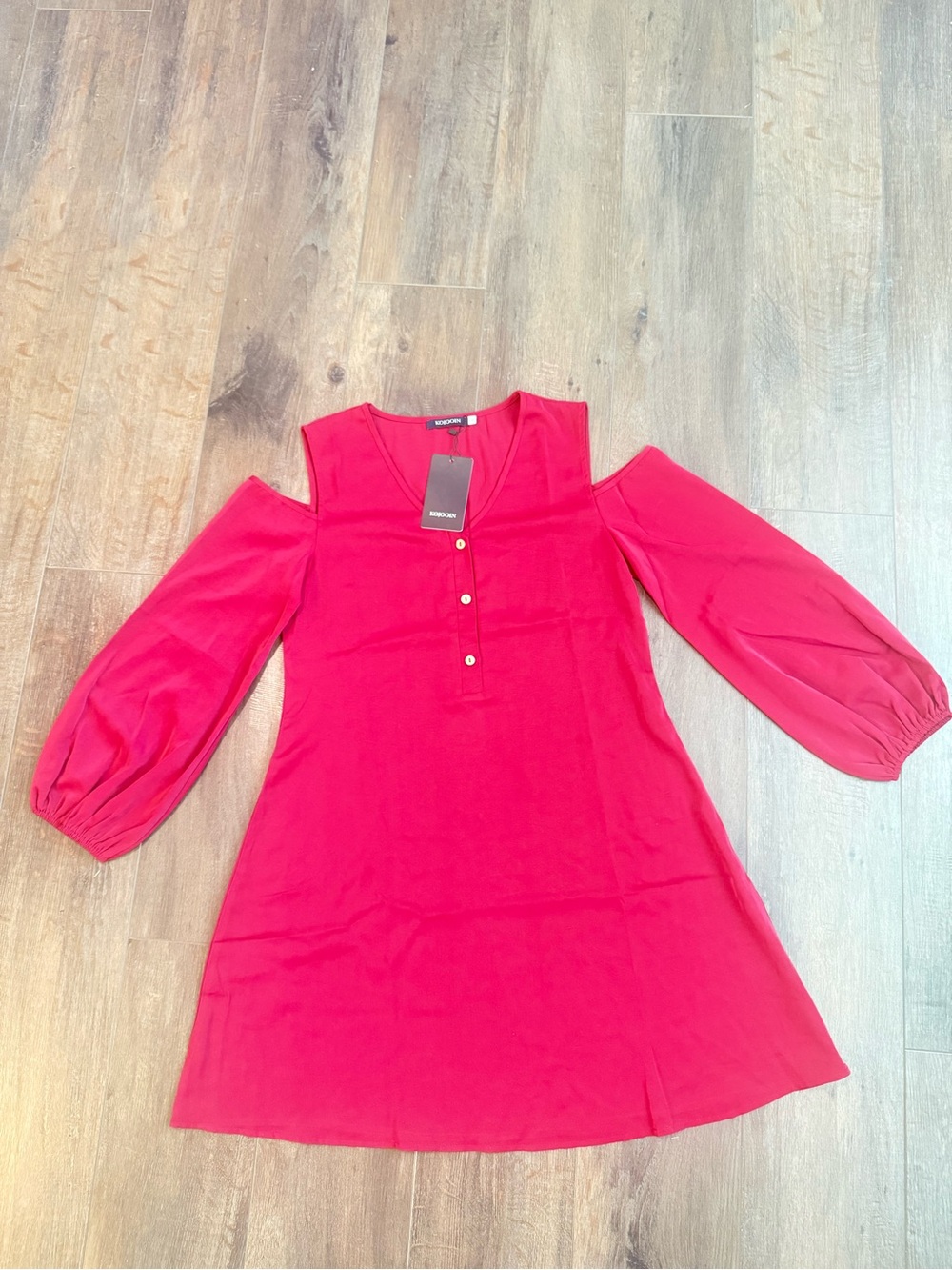 kojooin Women's dark Red Solid Short Dress Cold Shoulder 3/4 Sleeve S
